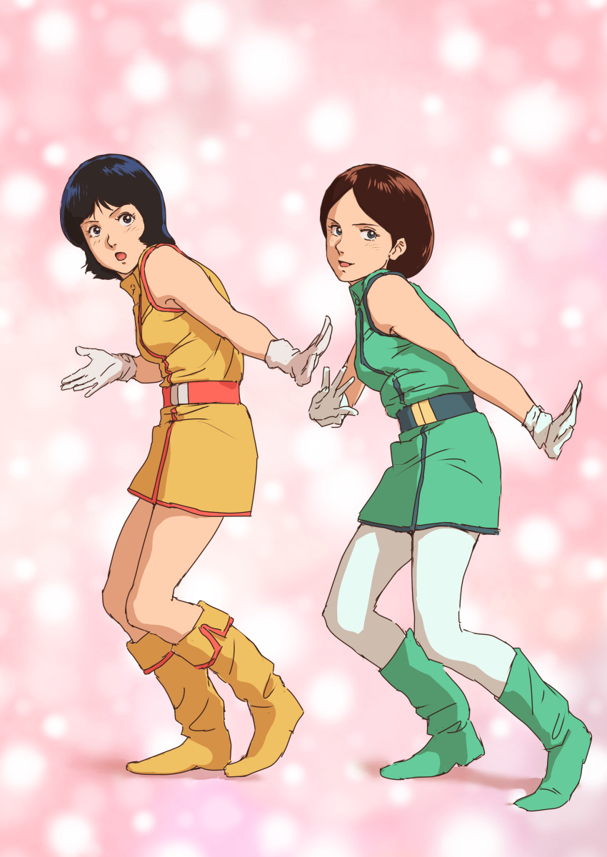 1980s_(style) 2girls absurdres aeug belt black_hair brown_hair commentary_request dancing emma_sheen fa_yuiry gloves gundam highres looking_at_another miniskirt multiple_girls oldschool parody retro_artstyle shouwa skirt sleeveless teikoku_jokyoku zeta_gundam zeta_gundam_define