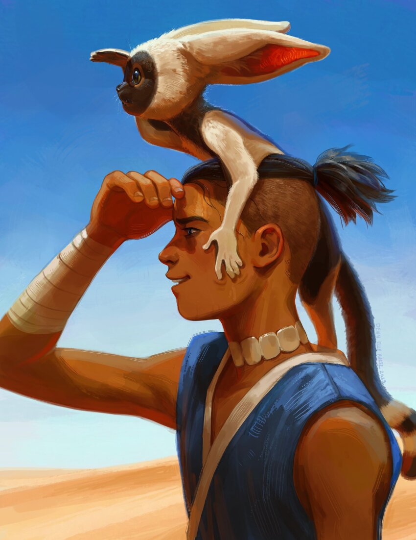 1boy animal animal_on_head avatar:_the_last_airbender avatar_legends bandaged_arm bandages black_hair blue_sky clear_sky commentary dark-skinned_male dark_skin dessert devin_elle_kurtz english_commentary food from_side highres lemur looking_afar male_focus momo_(avatar) on_head shading_eyes shirt short_hair sky sleeveless sleeveless_shirt sokka solo sweat undercut upper_body
