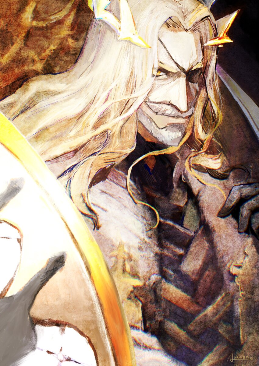 1boy alchemy_stars arachne81021 beard black_gloves black_shirt coat commentary eyepatch facial_hair gloves gold_headwear grey_hair highres long_hair looking_at_viewer male_focus schwartz_(alchemy_stars) shirt solo white_coat yellow_eyes