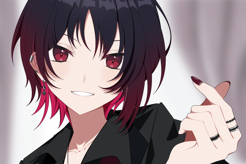 1girl asymmetrical_sidelocks black_hair black_shirt collarbone collared_shirt colored_inner_hair ear_piercing earclip earrings finger_heart gradient_hair grin highres jewelry kisaragi_ren_(vtuber) looking_at_viewer multicolored_hair multiple_rings nail_polish omas_lie piercing portrait red_eyes ring shirt short_hair smile solo virtual_youtuber vspo!