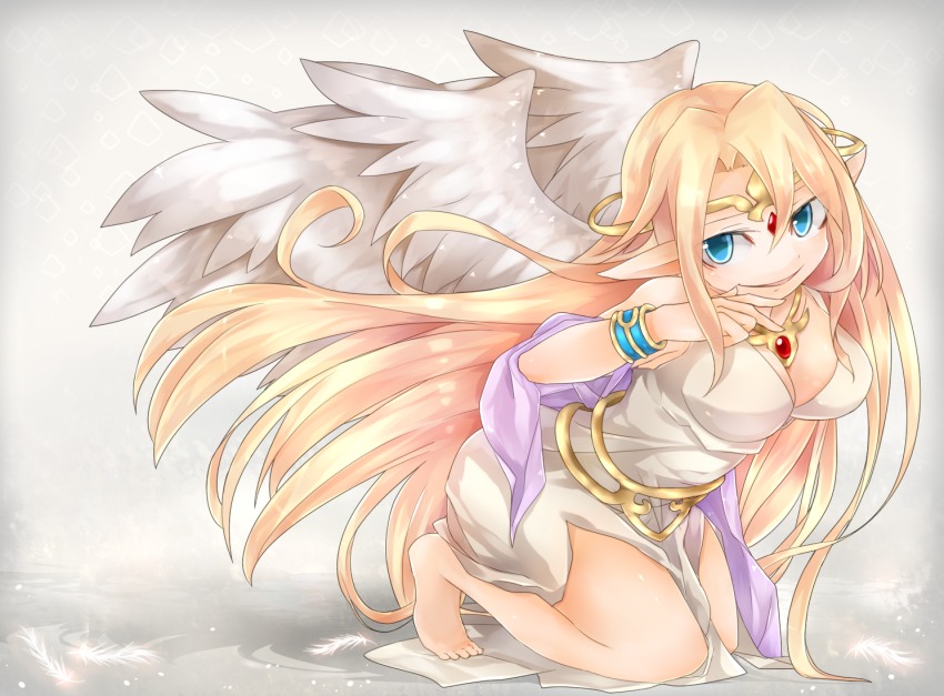 1girl angel barefoot blonde_hair blue_eyes bracelet breasts cleavage feathered_wings gradient_background ilias jewelry long_hair looking_at_viewer lots_of_jewelery mon-musu_quest! smile tiara wings