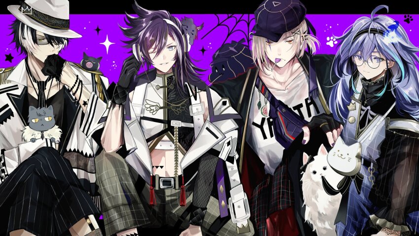 4boys :3 ;) ahoge aiguillette alternate_costume animal animal_bag animal_hug animal_on_head aqua_hair arm_tattoo asymmetrical_sleeves badge bag banzoin_hakka baseball_cap belt bespectacled bird bird_on_head black_belt black_gloves black_hair black_hairband black_jacket black_necktie black_pants black_shirt black_skin blonde_hair blue_overalls bracelet braid button_badge candy cat cat_bag chain closed_mouth color_connection colored_skin colored_tips creature creature_on_shoulder crop_top crossed_legs crown_(artist) ear_piercing earrings epaulettes facial_mark fanny_pack fedora feet_out_of_frame fingerless_gloves fishnet_sleeves fishnets floral_print food food_in_mouth french_braid glasses gloves gradient_clothes gradient_skin green_pants grey_cat grey_eyes hair_between_eyes hair_ornament hairband hairclip hakkito_(banzoin_hakka) half_gloves hand_to_own_mouth handbag hat headphones highres hitodama holostars holostars_english jacket jewelry kageyama_shien lace-trimmed_sleeves lace_trim layered_sleeves legwear_garter letterboxed lollipop long_hair long_sleeves looking_at_viewer low_ponytail magmite_(magni_dezmond) magni_dezmond male_focus medium_hair midriff minase_rio mole mole_under_mouth multicolored_hair multiple_boys nakayama_(kageyama_shien) necktie nekoyama_shien off_shoulder on_head on_shoulder one_eye_closed open_clothes open_jacket outside_border overalls pants parted_lips paw_print paw_print_background piercing pinstripe_pants pinstripe_pattern plaid_clothes plaid_overalls plaid_pants ponytail print_shirt purple_background purple_eyes purple_hair purple_headwear purple_nails ring rose_print round_eyewear shirt short_hair short_over_long_sleeves short_ponytail short_sleeves sitting sleeveless sleeveless_shirt smile sparkle_background spider_web_background star_(symbol) star_symbol_background star_tattoo streaked_hair striped_necktie stud_earrings sunglasses tassel tattoo turtleneck two-tone_hair two-tone_skirt v-neck virtual_youtuber white_belt white_cat white_hair white_headwear white_jacket wing_print wristband yellow_eyes