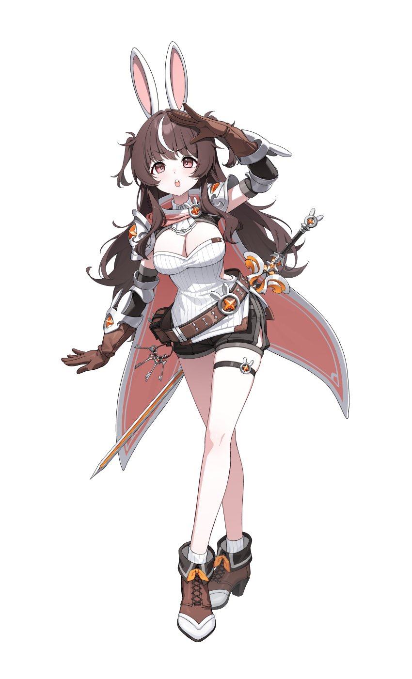 1girl absurdres animal_ears breasts brown_hair brown_shoes cleavage commentary english_commentary full_body goeleu highres large_breasts long_hair looking_at_viewer multicolored_hair original rabbit_ears rabbit_girl red_eyes shoes solo standing streaked_hair thigh_strap