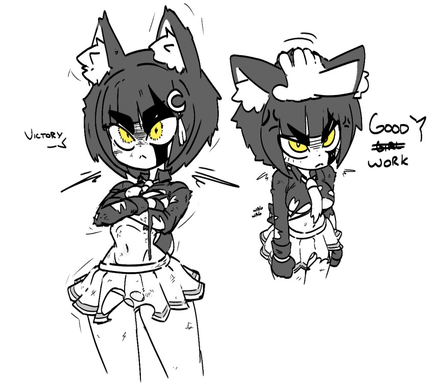 1girl :&lt; anger_vein animal_ear_fluff animal_ears black_gloves black_hair blood blood_on_face breasts collared_shirt crossed_arms disembodied_hand dog_ears dog_girl dog_tail english_text gloves hair_ornament headpat jellot large_breasts last_origin limited_palette long_sleeves navel necktie panties pants pleated_skirt shirt short_hair skirt tail tail_wagging thick_eyebrows torn_clothes torn_pants underwear vargr_(last_origin) white_background yellow_eyes