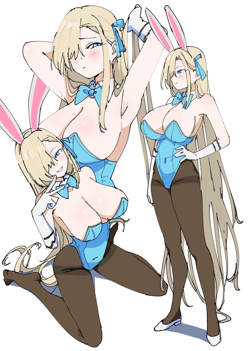 1girl adjusting_hair animal_ears armpits arms_behind_head arms_up asuna_(blue_archive) asuna_(bunny)_(blue_archive) bare_shoulders black_pantyhose blonde_hair blue_archive blue_bow blue_bowtie blue_eyes blue_leotard blue_ribbon blush bow bowtie breasts closed_mouth detached_collar fake_animal_ears from_above full_body gloves hair_over_one_eye hair_ribbon hand_on_own_hip high_heels highres kuro_(toi_et_moi) large_breasts leotard long_hair multiple_views pantyhose pantyhose_under_leotard playboy_bunny rabbit_ears reference_sheet ribbon seiza sideboob simple_background sitting smile strapless thighband_pantyhose v very_long_hair white_background white_gloves
