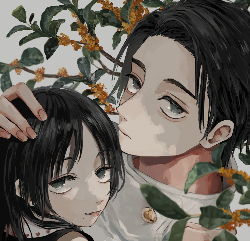 1boy 1girl bags_under_eyes black_hair branch child closed_mouth dress expressionless floral_background flower grey_background grey_eyes hand_on_another&#039;s_head highres holding jacket jujutsu_kaisen jujutsu_tech_uniform llilililiilii looking_at_viewer mole mole_under_mouth okkotsu_yuuta orimoto_rika pale_skin partially_shaded_face plant_request school_uniform short_hair simple_background smile tongue tongue_out white_jacket yellow_flower