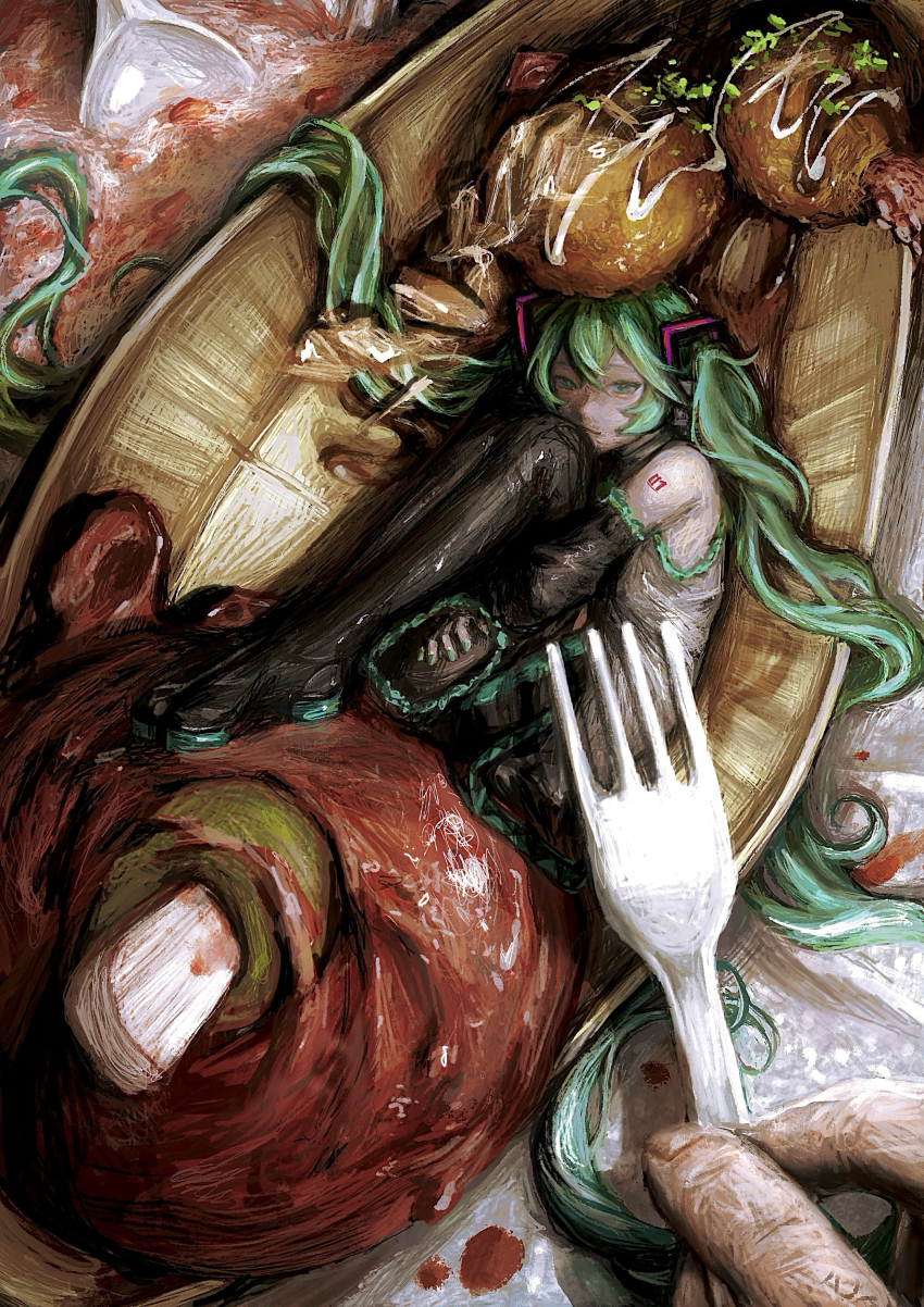 1girl 1other 31llust absurdres black_footwear black_sleeves boots bowl detached_sleeves fetal_position food fork green_hair hair_ornament hatsune_miku highres holding holding_fork in_food long_hair long_sleeves looking_at_viewer lying mini_person minigirl on_side shirt sleeveless sleeveless_shirt solo_focus twintails very_long_hair vocaloid