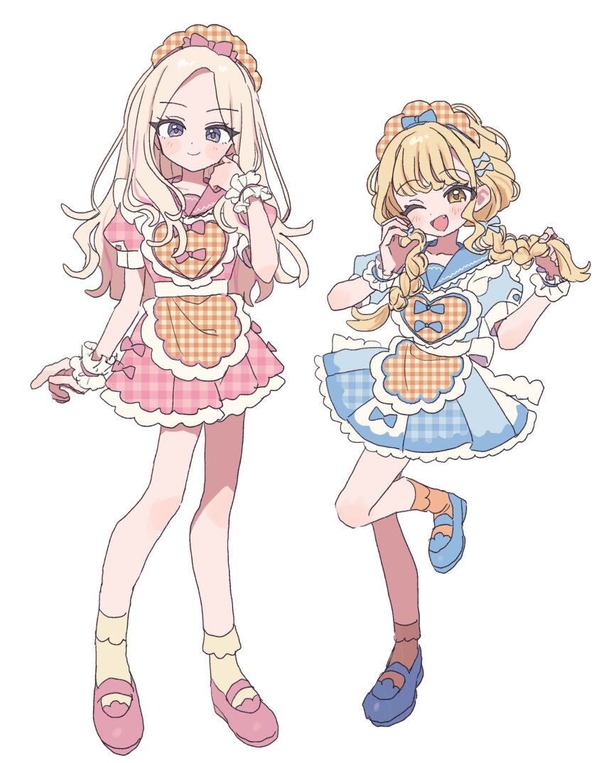 2girls apron blonde_hair blue_dress blue_sailor_collar blue_shoes blush braid closed_mouth dress fang frilled_wrist_cuffs frills fujita_kotone full_body gakuen_idolmaster hand_up hands_up highres holding holding_own_hair idolmaster juo_sena long_hair looking_at_viewer low_twin_braids maid_headdress multicolored_hair multiple_girls one_eye_closed open_mouth pink_dress pink_sailor_collar pink_shoes pink_streaks plaid_apron plaid_clothes plaid_dress pnt_0202 puffy_short_sleeves puffy_sleeves purple_eyes sailor_collar sailor_dress shoes short_sleeves simple_background smile socks standing standing_on_one_leg streaked_hair twin_braids white_background white_wrist_cuffs wrist_cuffs yellow_apron yellow_eyes yellow_socks
