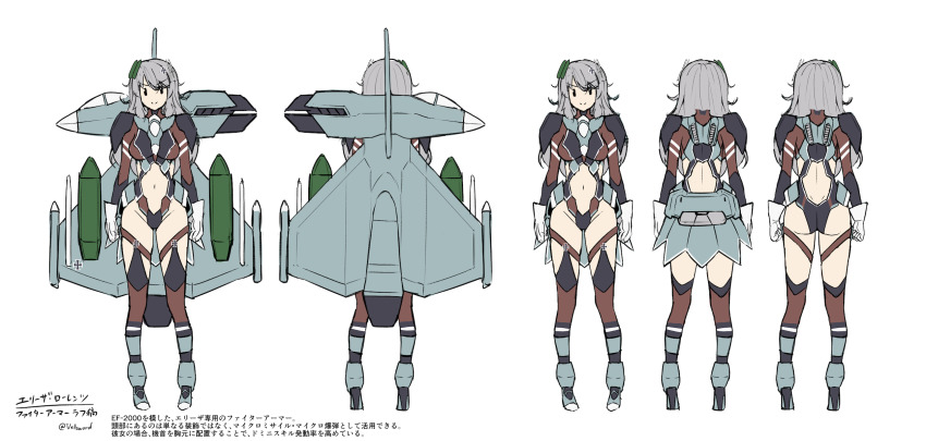 1girl aircraft airplane ass black_eyes breasts clenched_hand clothing_cutout cross delta_wing eurofighter_typhoon fighter_jet gloves grey_hair grey_skirt highres i.takashi iron_cross leotard long_hair mecha_musume medium_breasts midriff military military_vehicle multiple_views navel original personification sketch skirt stomach_cutout thighhighs v-shaped_eyebrows white_background white_gloves