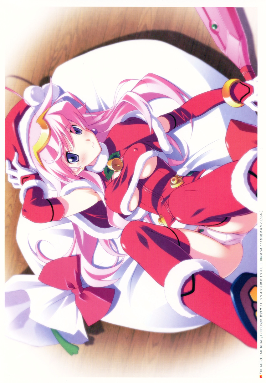 1girl absurdres ahoge arm_up armlet armpits blood_tune blush boots bow bracelet breasts cameltoe capelet chaos;head christmas christmas_ornaments cleavage_cutout clothing_cutout covered_erect_nipples dress earrings elbow_gloves embarrassed exif_rotation frown fur-trimmed_boots fur-trimmed_capelet fur-trimmed_dress fur-trimmed_gloves fur-trimmed_headwear fur_collar fur_trim gero-froggy gift gloves groin groin_tendon hair_ornament hand_on_own_hat hat highres holding holding_weapon holly jewelry long_hair looking_at_viewer lying magical_girl matsuo_yukihiro non-web_source official_art on_back panties pearl_earrings pink_bow pink_hair pink_panties red_capelet red_dress red_gloves sack santa_costume santa_dress santa_hat seira_orgel single_earring solo stuffed_toy teardrop tearing_up tears thick_thighs thighhighs thighs underboob_cutout underwear wavy_hair weapon white_bag wooden_floor
