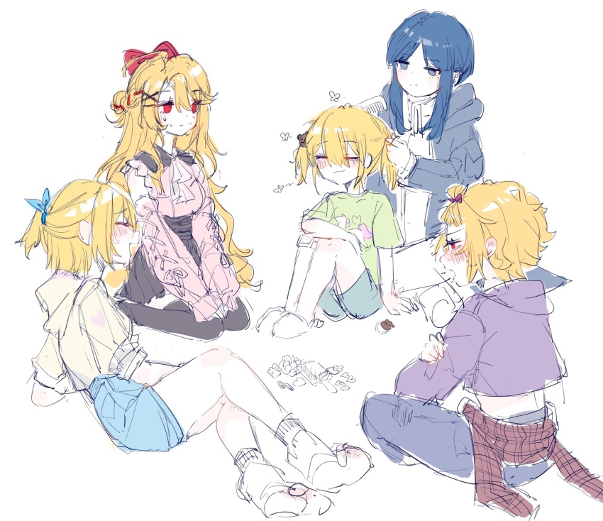 5girls add1ct1on aged_down bandaid bari_(project_moon) black_coat blonde_hair blue_eyes blue_hair blush brushing_hair coat collared_shirt contemporary don_quixote_(project_moon) dual_persona highres jacket limbus_company long_hair long_sleeves multiple_girls necktie open_mouth pants ponytail project_moon red_eyes shirt short_hair short_twintails sidelocks simple_background smile twintails very_long_hair white_background yearning-mircalla_(e.g.o)
