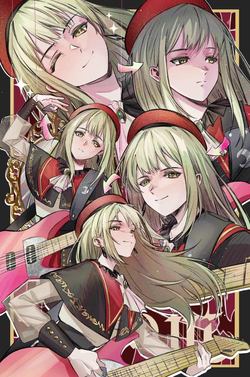 1girl ;) absurdres arrow_(symbol) ascot bang_dream! bang_dream!_it&#039;s_mygo!!!!! beret black_border black_capelet black_skirt black_wrist_cuffs border buttons capelet chinese_commentary closed_mouth colored_shadow commentary_request drop_shadow earrings electric_guitar expressionless floating_hair frilled_capelet frills gold_trim green_brooch green_hair guitar guitar_strap hand_up hat hero45439083942 highres holding holding_guitar holding_instrument holding_plectrum instrument jewelry long_hair long_sleeves looking_ahead looking_at_viewer mirror mortis_(bang_dream!) mortis_(costume)_(bang_dream!) multiple_views music no_mask one_eye_closed playing_instrument plectrum red_background red_capelet red_hat see-through_clothes see-through_sleeves shadow shirt skirt smile sparkle wakaba_mutsumi white_ascot white_shirt white_sleeve_cuffs wrist_cuffs yellow_eyes