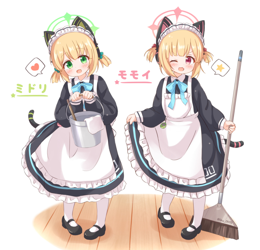 2girls ;d animal_ear_headphones animal_ears apron araki495 black_dress black_footwear blonde_hair blue_archive blue_bow blush bow broom bucket character_name cloth commentary_request dress fake_animal_ears frilled_apron frills green_bow green_eyes hair_bow halo headphones heart highres holding holding_broom holding_bucket holding_rag long_sleeves looking_at_viewer maid maid_apron maid_headdress mary_janes midori_(blue_archive) midori_(maid)_(blue_archive) momoi_(blue_archive) momoi_(maid)_(blue_archive) multiple_girls one_eye_closed open_mouth pantyhose puffy_long_sleeves puffy_sleeves cleaning_rag red_bow red_eyes shoes siblings simple_background sisters smile spoken_heart spoken_star standing star_(symbol) translated twins two_side_up v-shaped_eyebrows white_apron white_background white_pantyhose wooden_floor
