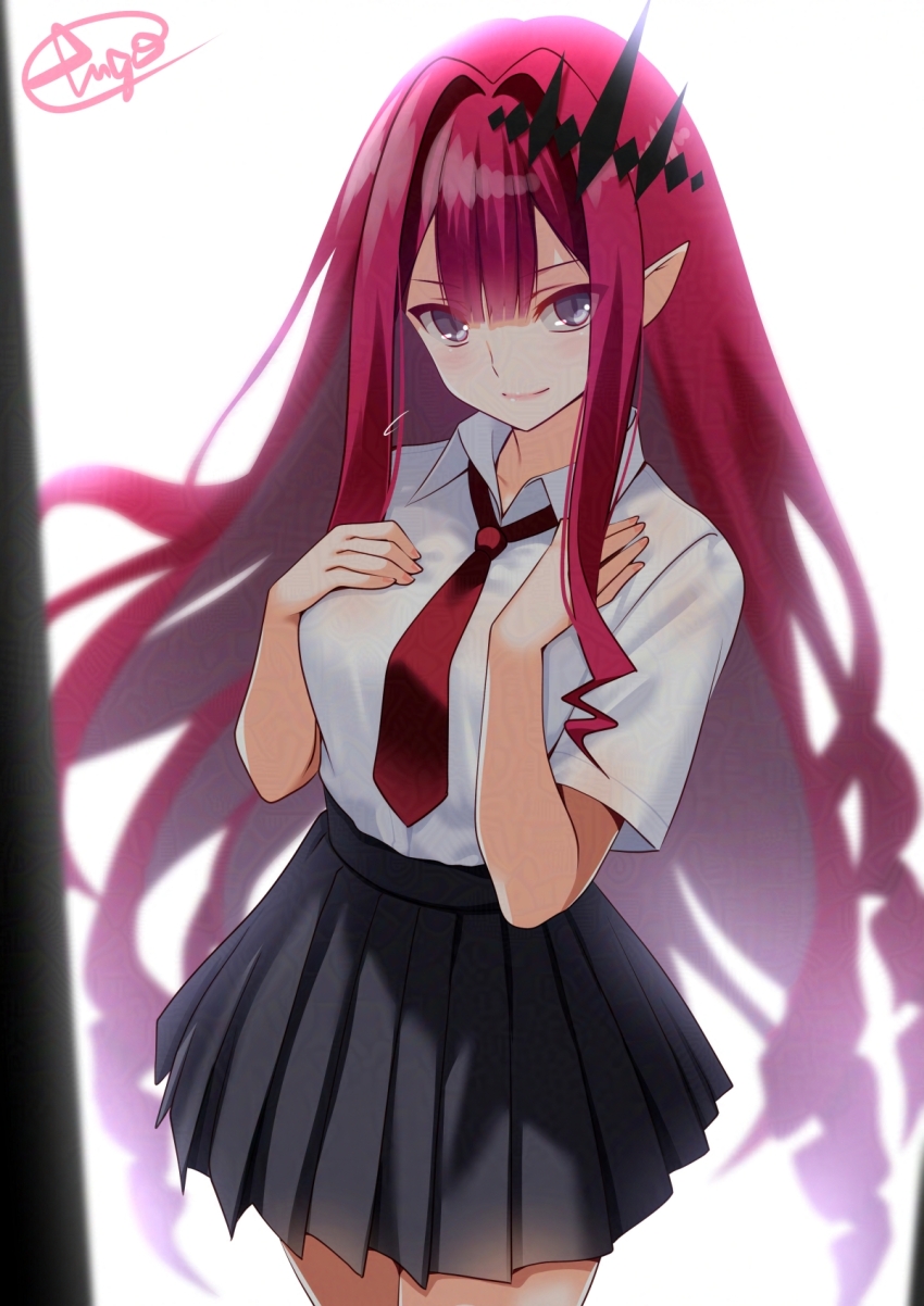 1girl alternate_costume baobhan_sith_(fate) black_skirt blush breasts closed_mouth collared_shirt engo_(aquawatery) fate/grand_order fate_(series) grey_eyes hair_ornament highres large_breasts long_hair looking_at_viewer necktie pink_hair pink_lips pleated_skirt pointy_ears red_necktie school_uniform shirt short_sleeves signature skirt smile solo takeuchi_takashi_(style) thighs white_background white_shirt