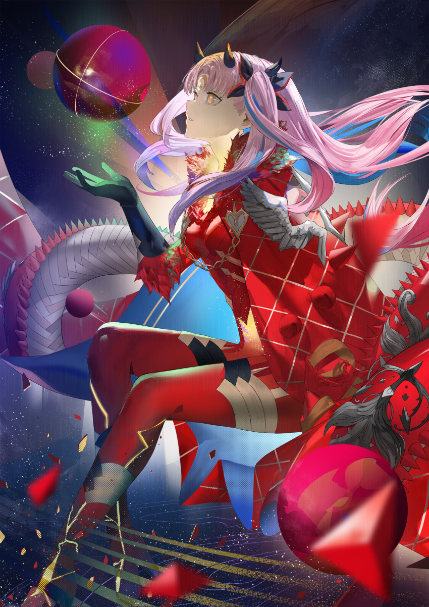1girl absurdres blazpu bodysuit breasts facial_mark fate/grand_order fate_(series) forehead_mark fur_trim highres horns ishtar_(fate) long_hair medium_breasts red_bodysuit solo space_ishtar_(fate) space_ishtar_(third_ascension)_(fate) symbol-shaped_pupils two_side_up