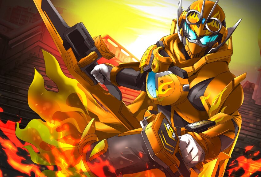 1boy antennae armor black_bodysuit blue_eyes bodysuit bug cape chemy_riser gate gauntlets goggles goggles_on_head gotcha_driver gotchartornado grasshopper gun highres holding holding_gun holding_weapon ichinose_houtarou_(future) insect ishimori_prod jumping kamen_rider kamen_rider_gotchard_(series) kamen_rider_gotchard_daybreak leg_armor male_focus miyabi_(037) orange_armor orange_cape orange_theme railing scarf shoulder_armor solo stairs standing steam_hopper toei_company tokusatsu train weapon