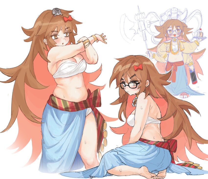 1girl axe baggy_pants bandeau barefoot blue_pants blush bow bracelet breasts brown_eyes brown_hair cropped_shirt elephant_hat extra_arms fate/grand_order fate_(series) ganesha_(fate) glasses hair_bow hamster highres indian_clothes jewelry jinako_carigiri large_breasts long_hair long_sleeves looking_at_viewer multiple_views navel neck_ring open_clothes open_mouth open_shirt pants plump sash shirt sitting smile stretching takustorage yellow_shirt