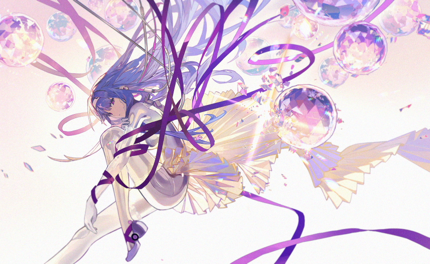 1girl arm_ribbon blue_hair bodysuit commentary_request floating_hair from_side hairband highres knee_up lobelia_(saclia) long_hair looking_at_viewer looking_to_the_side marija_(mechanical_ballerina)_(muse_dash) marija_(muse_dash) muse_dash official_art pink_eyes pleated_skirt purple_ribbon ribbon skirt solo very_long_hair white_bodysuit white_hairband