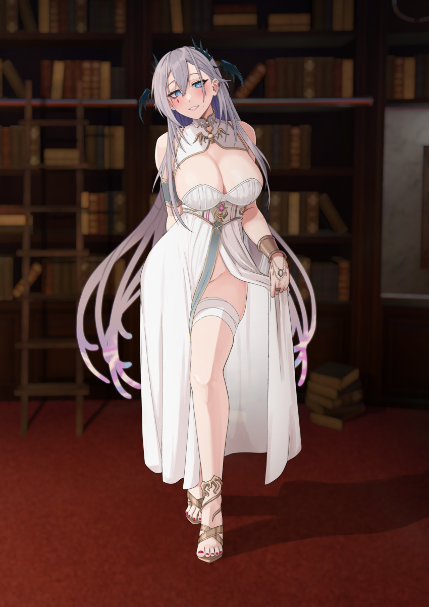 1girl absurdres bandaged_leg bandages blue_eyes blurry blurry_background blush body_jewelry bookshelf breasts center_opening cleavage clothes_pull colored_inner_hair commentary dress dress_pull earclip front_slit full_body gem gold_ring gold_sandals gold_trim gold_vambraces grey_hair groin hair_between_eyes hair_ornament halter_dress halterneck head_tilt head_wings high_collar highres indie_virtual_youtuber indoors kuon_bb large_breasts legs long_dress long_hair looking_at_viewer mole mole_under_mouth multicolored_hair no_panties pochimaru_(vtuber) pochimaru_(vtuber)_(4th_costume) purple_gemstone red_nails sandals sleeveless sleeveless_dress smile solo standing teardrop_facial_mark teeth thighs toenails toes very_long_hair virtual_youtuber white_dress wings