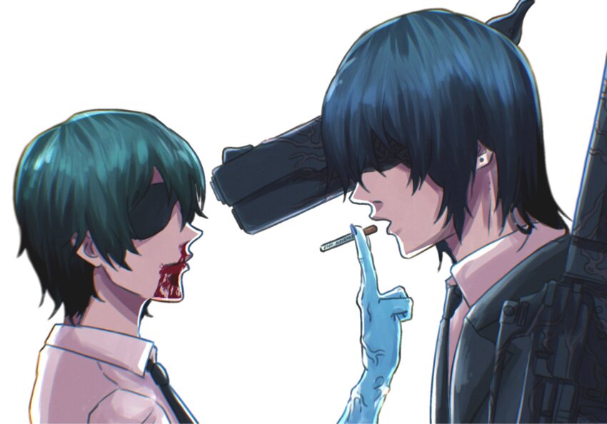 1boy 1girl black_hair blood chainsaw_man cigarette earrings eyepatch gun gun_devil_(chainsaw_man) hayakawa_aki highres himeno_(chainsaw_man) holding holding_cigarette jewelry nosebleed rinneko_art short_hair stud_earrings veins weapon