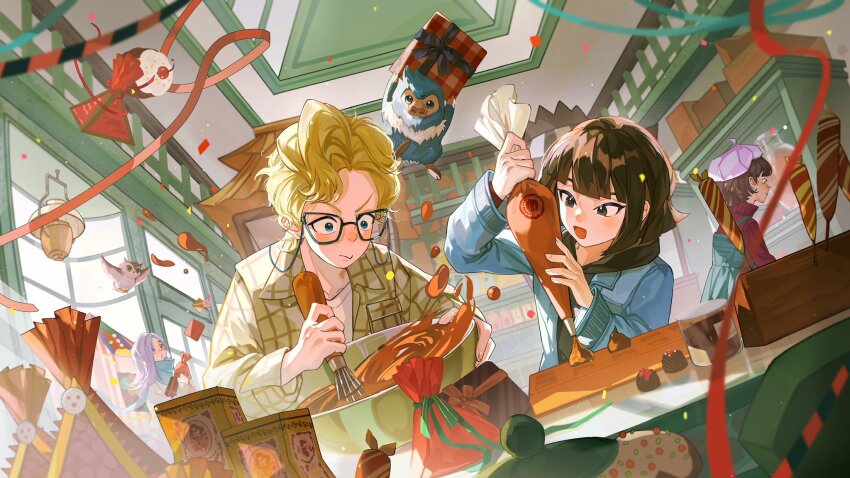 1boy 3girls animal baking beret bird blonde_hair blush bob_cut box brown_hair chocolate closed_mouth commentary_request confetti denim denim_jacket dessert food gift gift_box green_eyes grey_hair harry_potter:_magic_awakened harry_potter_(series) hat highres icing indoors ivy_warrington jacket juyekuno kevin_farrell long_hair lottie_turner medium_hair multiple_girls official_art open_mouth owl plaid_clothes plaid_shirt robyn_thistlethwaite scarf shirt short_hair smile streamers whisk whisking white_day wizarding_world