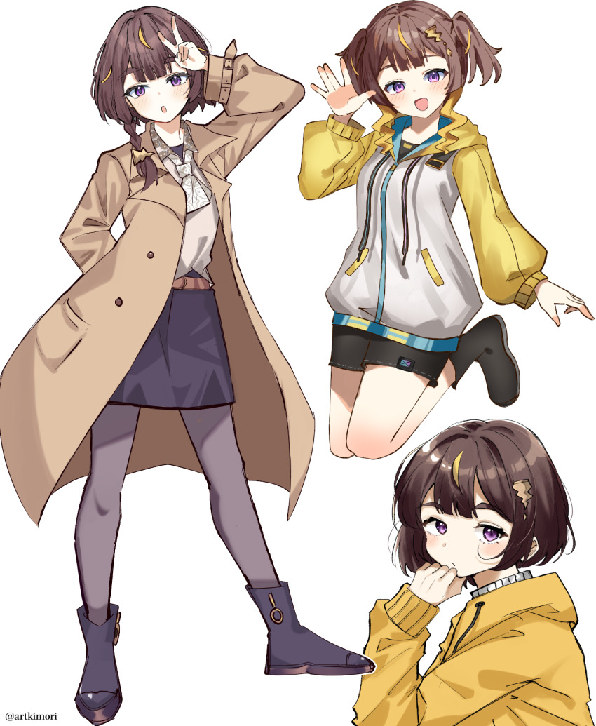 1girl alternate_costume alternate_hairstyle anya_melfissa anya_melfissa_(indonesian_casual) artkimori black_pantyhose black_shorts black_skirt blonde_hair blush brown_coat brown_hair coat commentary full_body hair_ornament highres hololive hololive_indonesia hood hoodie looking_at_viewer midair multicolored_hair official_alternate_costume official_alternate_hairstyle open_mouth pantyhose pencil_skirt purple_eyes short_hair shorts skirt standing streaked_hair twitter_username two_side_up v virtual_youtuber waving white_background