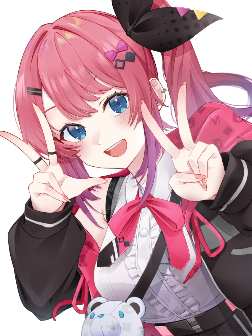 1girl black_hoodie black_ribbon black_shorts blue_eyes blush bow breasts center_frills collared_shirt double_v ear_piercing fingernails frills gradient_hair hair_bow hair_ornament hair_ribbon hairclip highres hood hoodie jewelry kuramochi_meruto kuramochi_meruto_(1st_costume) large_breasts long_hair long_sleeves looking_at_viewer multicolored_hair nail_polish neck_ribbon nijisanji open_clothes open_hoodie open_mouth piercing pink_hair pink_hoodie pink_nails pink_ribbon ribbon ring shirt shorts side_ponytail simple_background sleeveless sleeveless_shirt sleeves_past_wrists smile solo stuffed_animal stuffed_toy teddy_bear teeth two-tone_hair two-tone_hoodie two-tone_ribbon upper_teeth_only v virtual_youtuber white_background white_shirt yu-ki_(user_dttw2327)