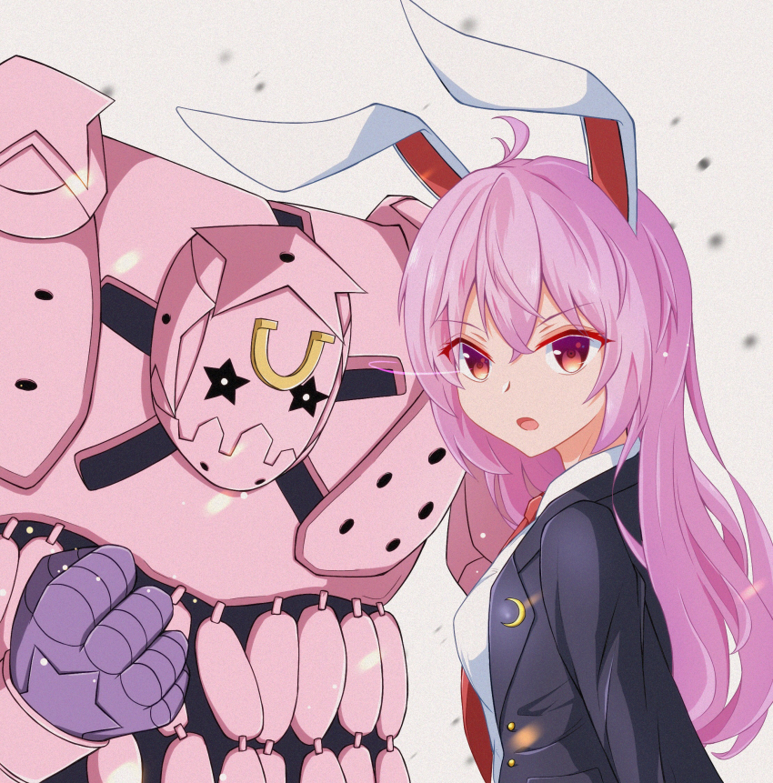 1girl animal_ears black_jacket black_sleeves breasts collar crescent crossover eyes_visible_through_hair hair_between_eyes highres jacket jojo_no_kimyou_na_bouken long_hair long_sleeves looking_at_viewer medium_breasts necktie open_mouth pink_hair rabbit_ears red_eyes red_neckwear reisen_udongein_inaba shirt simple_background steel_ball_run tasuku_(tusktouhou4) touhou tusk_(stand) tusk_act4 white_background white_collar white_shirt