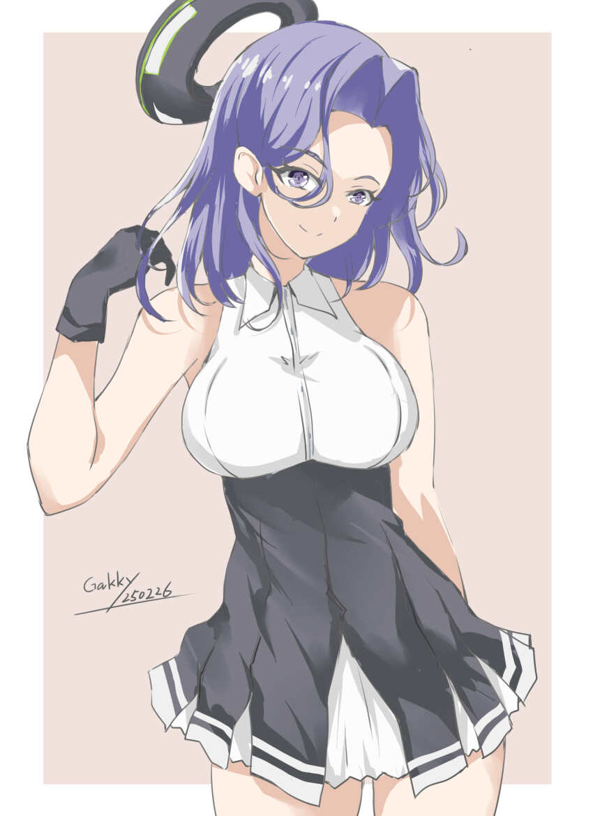 1girl artist_name black_gloves breasts cowboy_shot dated gakky gloves halo high-waist_skirt highres kantai_collection large_breasts long_hair looking_at_viewer mechanical_halo purple_eyes purple_hair shirt skirt sleeveless sleeveless_shirt smile solo tatsuta_(kancolle) tatsuta_kai_ni_(kancolle) white_background