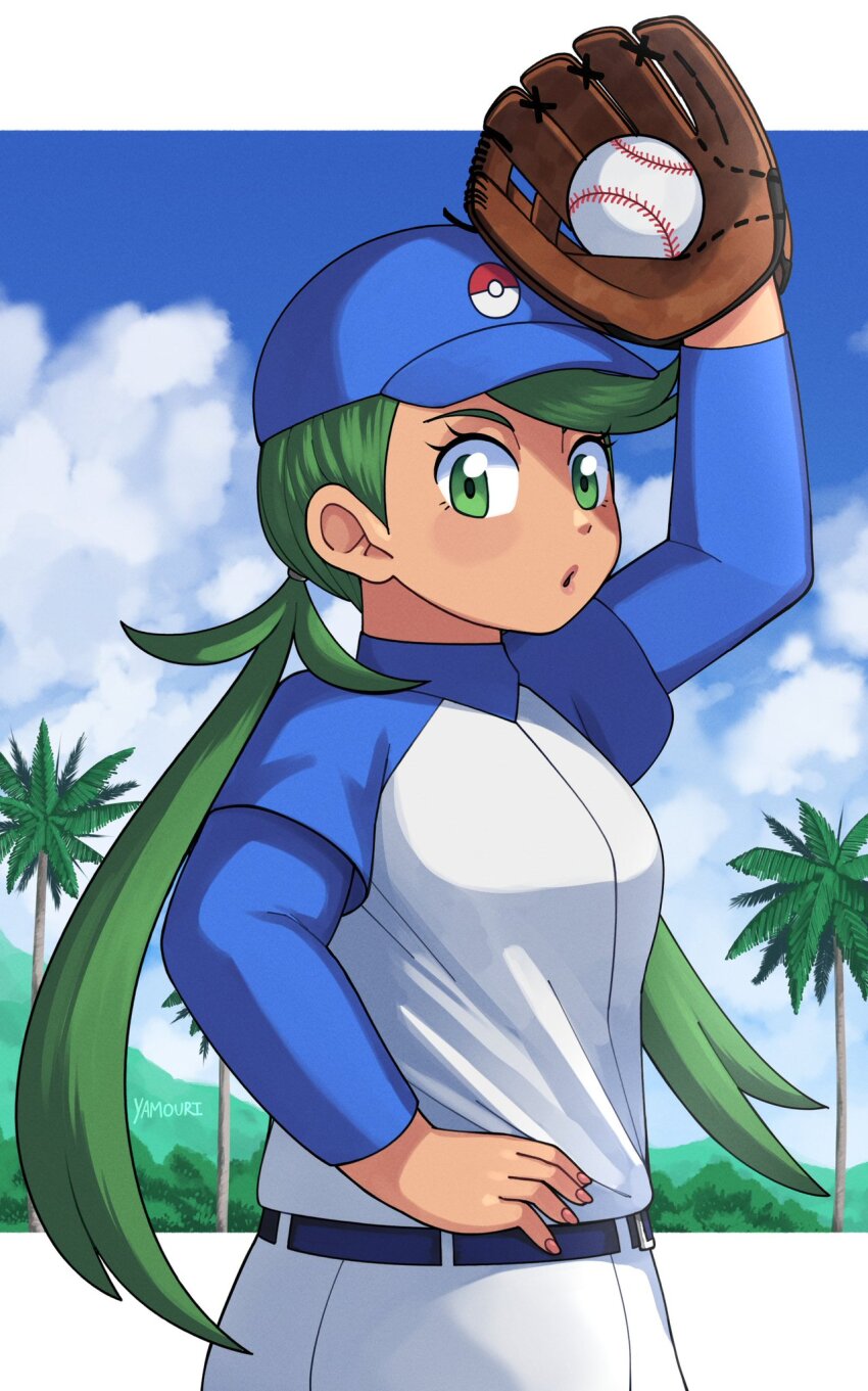 1girl baseball_cap baseball_glove baseball_uniform belt blue_sky breasts cloud dark-skinned_female dark_skin green_eyes green_hair hat long_hair long_sleeves mallow_(pokemon) nintendo palm_tree pokemon pokemon_(anime) pokemon_sm_(anime) sky sportswear tree yamouri