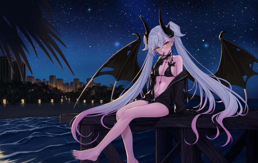 1girl adapted_costume barefoot beach bikini black_bikini black_hands black_jacket blush body_markings breasts choker colored_extremities crossed_bangs demon_girl demon_horns demon_wings ear_piercing fate/grand_order fate_(series) green_eyes grey_hair hair_between_eyes highres hoodier horns jacket lilith_(fate) lilith_(second_ascension)_(fate) long_hair looking_at_viewer medium_breasts navel night night_sky ocean piercing pointy_ears sky solo stomach_tattoo swimsuit tattoo twintails very_long_hair wings
