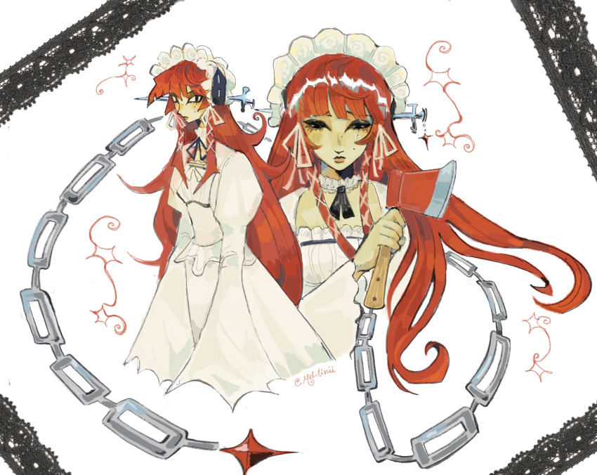 1girl artist_name axe chain commentary dress hair_ribbon highres holding holding_axe lolita_fashion looking_at_viewer meltinii multiple_girls object_through_head persona persona_3 puffy_sleeves ribbon sidelocks symbol-only_commentary white_dress white_headdress yoshino_chidori