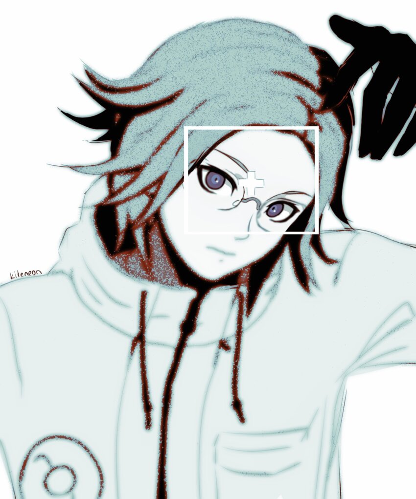 1boy aotsuki_eito black_gloves blue_eyes closed_mouth drawstring glasses gloves hand_up highres kiteneon long_sleeves looking_at_viewer male_focus parted_hair simple_background solo solo_focus the_hundred_line_-last_defense_academy- upper_body white_background