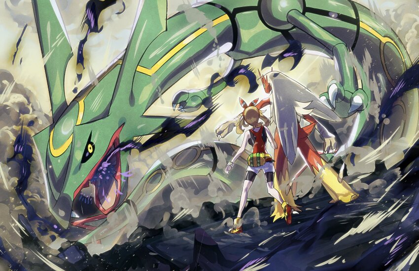 1girl bare_shoulders bird black_shorts blaziken breasts brown_hair chicken colored_skin creatures_(company) dragon feathers from_behind game_freak gen_3_pokemon green_skin hair_ribbon highres legendary_pokemon may_(pokemon) medium_breasts medium_hair mega_ring nintendo pokemon pokemon_(creature) pokemon_oras rayquaza red_ribbon red_shirt ribbon ryairyai shirt shorts white_shorts