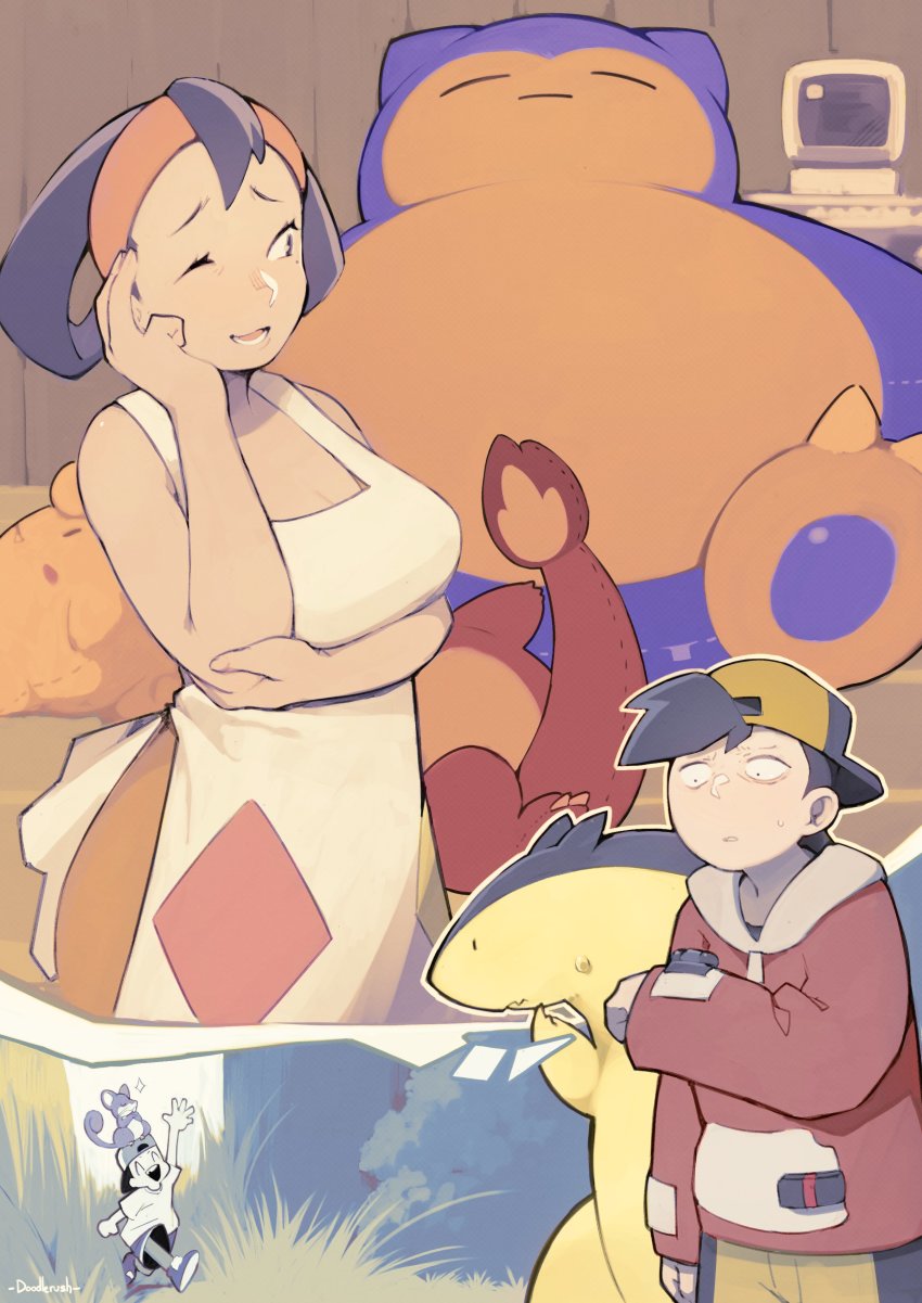 1girl 2boys :d ^_^ absurdres apron backwards_hat baseball_cap character_doll charmander clefairy closed_eyes computer doodlerush ethan_(pokemon) fire flame-tipped_tail french_commentary gen_1_pokemon gen_2_pokemon hat highres hood hoodie johto_mother mother_(pokemon) multiple_boys nintendo on_head one_eye_closed open_mouth pokemon pokemon_(creature) pokemon_gsc pokemon_on_head rattata red_hoodie sanpaku smile snorlax tail typhlosion watch waving white_apron wide-eyed wristwatch youngster_joey