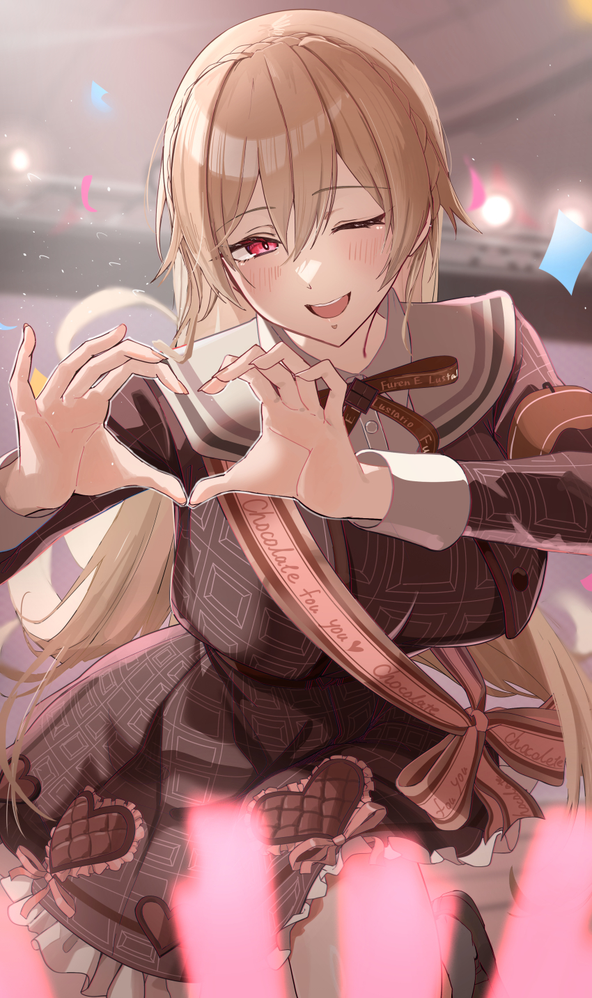 1girl absurdres alternate_costume blurry blush breasts brown_dress brown_hair brown_jacket brown_ribbon character_name chocolate_print commentary_request confetti depth_of_field dress english_text food_print furen_e_lustario gakuen_idolmaster hair_between_eyes hamigaki_(hikaruyusi) happy_mille-feuille_(idolmaster) heart heart_hands heart_print highres idol_clothes idolmaster jacket large_breasts light_particles lightstick long_hair long_sleeves looking_at_viewer nijisanji one_eye_closed open_mouth red_eyes ribbon stage_lights teeth upper_teeth_only virtual_youtuber