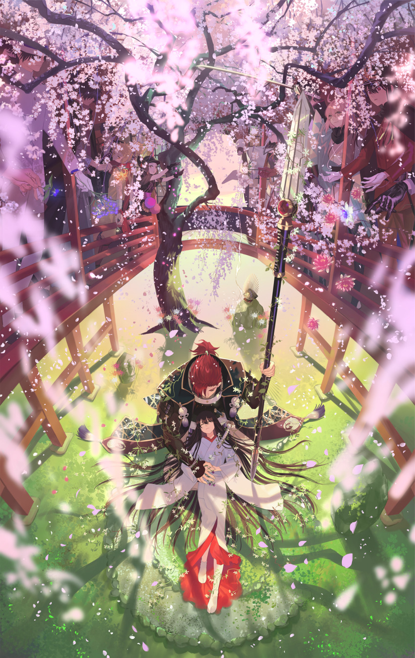 4girls 6+boys alternate_costume alternate_hairstyle androgynous architecture black_gloves black_hair black_scarf blurry branch cape chacha_(fate) collared_coat collared_shirt commentary_request day depth_of_field dress east_asian_architecture falling_petals fate/grand_order fate_(series) flower from_above funeral gloves grass grey_hair hakama hanami haori hat highres holding holding_flower holding_hands holding_polearm holding_sword holding_weapon jacket japanese_clothes jinbaori katana kimono lance lying military_uniform mori_nagayoshi_(fate) motion_blur multiple_boys multiple_girls no_headwear obi oda_nobukatsu_(fate) oda_nobunaga_(fate) oda_nobunaga_(koha-ace) okada_izou_(fate) okita_souji_(fate) okita_souji_(koha-ace) on_back on_grass one_eye_closed outdoors peaked_cap petals pink_flower polearm red_hair rock saitou_hajime_(fate) sakamoto_ryouma_(fate) sash scarf shirt sitting smile spring_(season) sword tomoe_gozen_(fate) tree warabi_tama weapon white_flower white_gloves white_hat white_jacket wide_sleeves wisteria