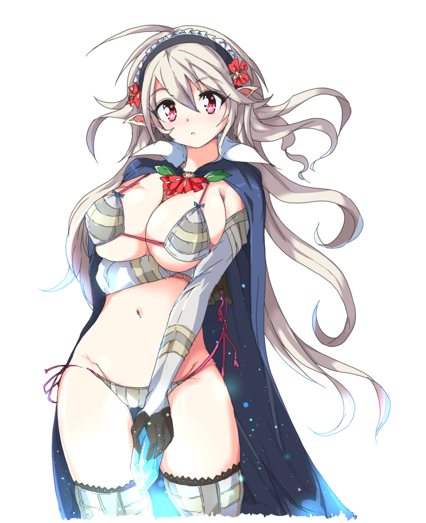 1girl ahoge bad_id bad_pixiv_id bikini breast_hold breasts bridal_gauntlets cape female_corrin_(fire_emblem) cowboy_shot echizen_(hvcv) female_focus fire_emblem fire_emblem_fates flower gem hair_between_eyes hair_flower hair_ornament hairband highres large_breasts long_hair looking_at_viewer navel nintendo pointy_ears red_eyes side-tie_bikini_bottom silver_hair solo swimsuit untied_bikini white_background