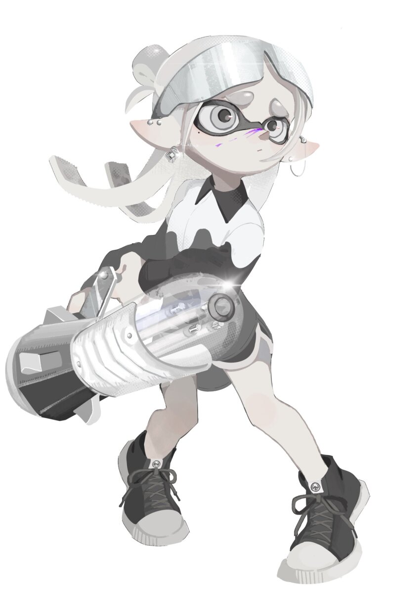 1girl ballpoint_splatling_(splatoon) black_shoes closed_mouth commentary_request cross-laced_shoes ear_piercing earrings eyewear_on_head full_body glint grey_eyes grey_hair gun highres holding holding_gun holding_weapon ink ink_on_face inkling inkling_girl inkling_player_character jewelry k_as_u long_hair nintendo paint piercing pointy_ears shoes short_eyebrows simple_background solo splatoon_(series) splatoon_3 sunglasses tentacle_hair thick_eyebrows weapon white_background