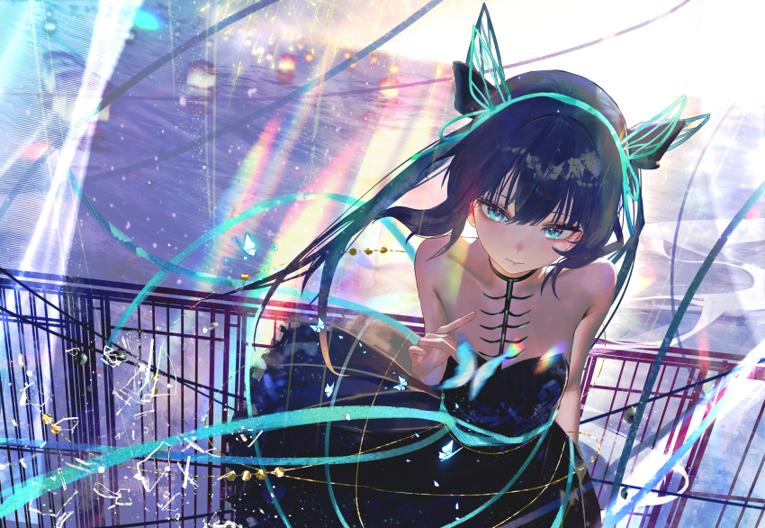 1girl absurdres black_dress blue_eyes blue_hair chinese_commentary commentary_request dress hair_between_eyes highres jin_sumire long_hair looking_at_viewer original parted_lips solo strapless strapless_dress