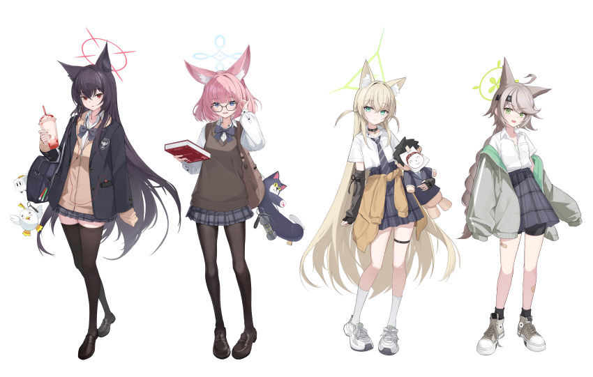 4girls absurdres ahoge alternate_costume animal_ear_fluff animal_ears arm_warmers bag black_choker black_hair black_jacket black_pantyhose black_shoes black_shorts black_socks black_thighhighs blonde_hair blue_archive blue_bag blue_bow blue_eyes blue_skirt blunt_ends blush book bow braid braided_ponytail brown_bag brown_hair brown_jacket brown_sweater_vest casual cellphone choker clothes_around_waist commentary doll doodle_sensei_(blue_archive) drink earphones expressionless flashbang fox_ears fox_girl glasses green_eyes green_halo green_jacket green_shirt grey_bow grey_shoes hair_between_eyes halo highres holding holding_bag holding_book holding_doll holding_drink jacket jacket_around_waist kurumi_(blue_archive) long_hair looking_at_viewer medium_hair milkshake multiple_girls nammmmer necktie niko_(blue_archive) open_mouth otogi_(blue_archive) pantyhose peroro_(blue_archive) phone pink_hair plaid_clothes plaid_skirt red_eyes school_uniform sensei_(blue_archive) shirt shoes shorts shorts_under_skirt sidelocks single_sleeve_past_fingers single_sleeve_past_wrist skirt sleeves_past_fingers sleeves_past_wrists smartphone sneakers socks stuffed_toy sweater_vest thigh_strap thighhighs triangle_halo two_side_up very_long_hair wavecat_(blue_archive) white_background white_shirt yukino_(blue_archive)