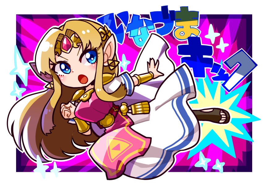 1girl armor blonde_hair blue_eyes bracelet breasts chibi dress earrings female_focus flying_kick full_body highres inazuma_kick jewelry kicking long_hair medium_breasts nintendo open_mouth pointy_ears princess_zelda sandals shoulder_armor sidelocks solo sparkle straight_hair super_smash_bros. tabard tanpopo_hayabusa-maru the_legend_of_zelda tiara triforce