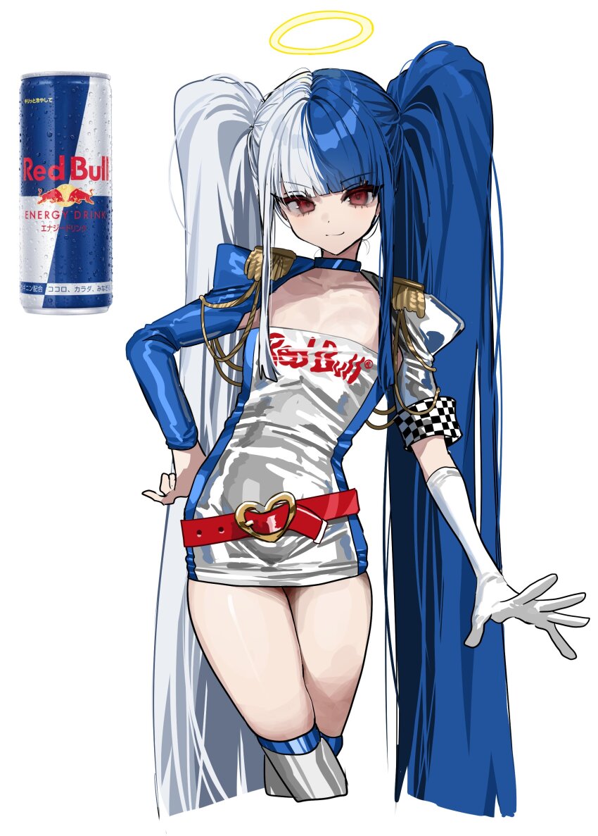 1girl absurdres blue_choker blue_hair blunt_bangs breasts can checkered_sleeves choker collarbone cropped_legs crossed_legs dress drink_can elbow_gloves energy_drink fringe_trim gloves halo hand_on_own_hip highres long_hair long_sidelocks looking_at_viewer multicolored_hair race_queen red_bull red_eyes sidelocks simple_background single_elbow_glove single_glove skindentation small_breasts smile tachibana_wataru_(123tsuki) thighs traditional_halo twintails two-tone_hair very_long_hair white_background white_gloves white_hair