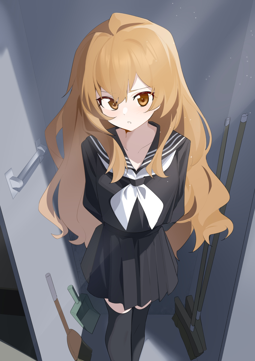 1girl :o absurdres aisaka_taiga arms_behind_back black_serafuku black_thighhighs blush broom brown_hair collarbone commentary dustpan feet_out_of_frame highres in_locker indoors long_hair looking_at_viewer neckerchief no_dickey pleated_skirt school_uniform serafuku skirt solo thighhighs toradora! very_long_hair wako_(1194433260) white_neckerchief zettai_ryouiki