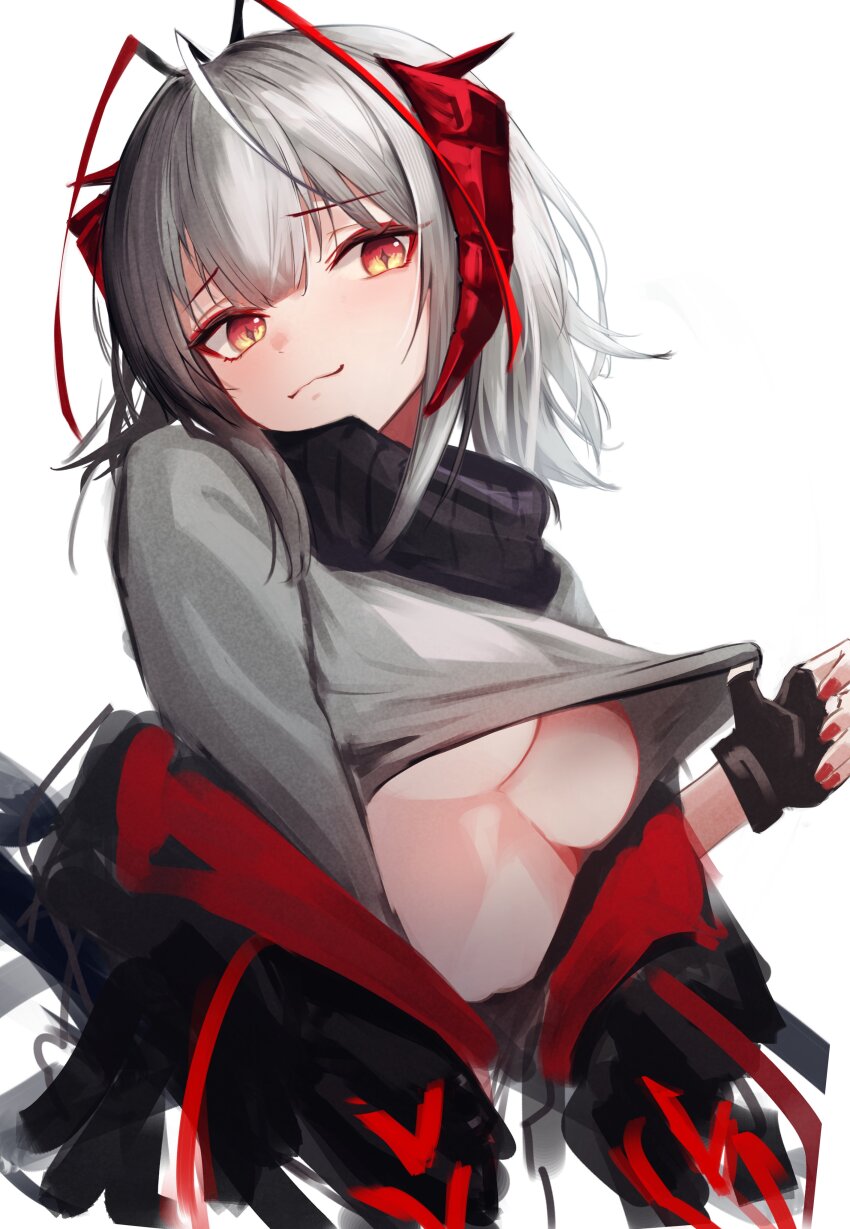 1girl absurdres antennae arknights black_gloves black_jacket breasts closed_mouth clothes_lift demon_girl demon_horns fingerless_gloves gloves grey_hair grey_shirt highres horns jacket large_breasts lifting_own_clothes looking_at_viewer nekomatamago open_clothes open_jacket red_nails shirt shirt_lift short_hair simple_background smile solo upper_body w_(arknights) white_background