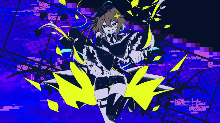 1girl :d absurdres ahoge aqua_hair arrow_(projectile) asymmetrical_legwear barbed_wire blue_hair bow bow_(weapon) braid branch breasts broken_bow brown_hair bug_(vocaloid) chain-link_fence colored_inner_hair commentary_request cowboy_shot cross-shaped_pupils crossed_arms detached_sleeves dress evil_smile falling_leaves fence foot_up frilled_sleeves frills hair_bow hair_flaps hair_ornament half_capelet heart heart_arrow highres holding holding_bow_(weapon) holding_weapon indie_virtual_youtuber large_breasts leaf long_sleeves looking_at_viewer medium_hair meica_(vtuber) meica_(vtuber)_(1st_costume) mismatched_pupils multicolored_hair necktie neon_palette o-ring o-ring_thigh_strap open_mouth phzimi000 polyhedron puffy_long_sleeves puffy_sleeves quiver sharp_teeth short_shorts shorts single_braid sleeveless sleeveless_dress smile solo sprout-shaped_pupils star_(symbol) star_hair_ornament symbol-shaped_pupils teeth thigh_strap thighhighs virtual_youtuber weapon wide_sleeves