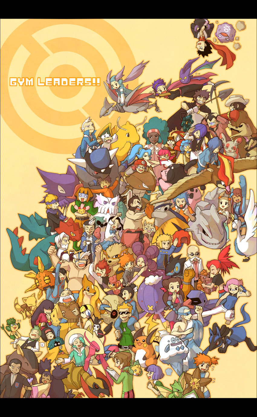 00s 10s 1990s_(style) 6+boys 6+girls abomasnow abra absolutely_everyone anger_vein angry arcanine beard bikini blaine_(pokemon) blue_bikini blue_oak bow bowtie brawly_(pokemon) brock_(pokemon) bronzor brycen_(pokemon) bugsy_(pokemon) burgh_(pokemon) byron_(pokemon) candice_(pokemon) carrying cherubi chili_(pokemon) chuck_(pokemon) cilan_(pokemon) clair_(pokemon) clay_(pokemon) cowboy cowboy_western crasher_wake cress_(pokemon) crobat dragonite drayden_(pokemon) drifblim druddigon elesa_(pokemon) emolga erika_(pokemon) everyone facial_hair falkner_(pokemon) fantina_(pokemon) flannery_(pokemon) floatzel flying gardenia_(pokemon) gen_1_pokemon gen_2_pokemon gen_3_pokemon gen_4_pokemon gen_5_pokemon giovanni_(pokemon) gym_leader hariyama hat haunter haxorus highres inumura_(inu_noya) iris_(pokemon) janine_(pokemon) jasmine_(pokemon) juan_(pokemon) kabutops kangaskhan koffing koga_(pokemon) krokorok laughing lenora_(pokemon) letterboxed liza_(pokemon) lucario lunatone luvdisc luxray manectric maylene_(pokemon) menstrual_pad milotic miltank misty_(pokemon) morty_(pokemon) multiple_boys multiple_girls nintendo norman_(pokemon) nosepass panpour pansage pansear pantyhose pencil pidgeot pokemon pokemon_(creature) pokemon_bw pokemon_dppt pokemon_frlg pokemon_hgss pokemon_rgby pokemon_rse primeape pryce_(pokemon) raichu rampardos retro_artstyle roark_(pokemon) roxanne_(pokemon) sabrina_(pokemon) seel shoulder_carry shovel skarmory skyla_(pokemon) sleeping solrock spinda staryu steelix surge_(pokemon) swanna swimsuit tangela tate_(pokemon) tea team_rocket torkoal traditional_bowtie two_side_up vanillish volkner_(pokemon) vulpix wallace_(pokemon) watchog wattson_(pokemon) western whitney_(pokemon) winona_(pokemon) worktool