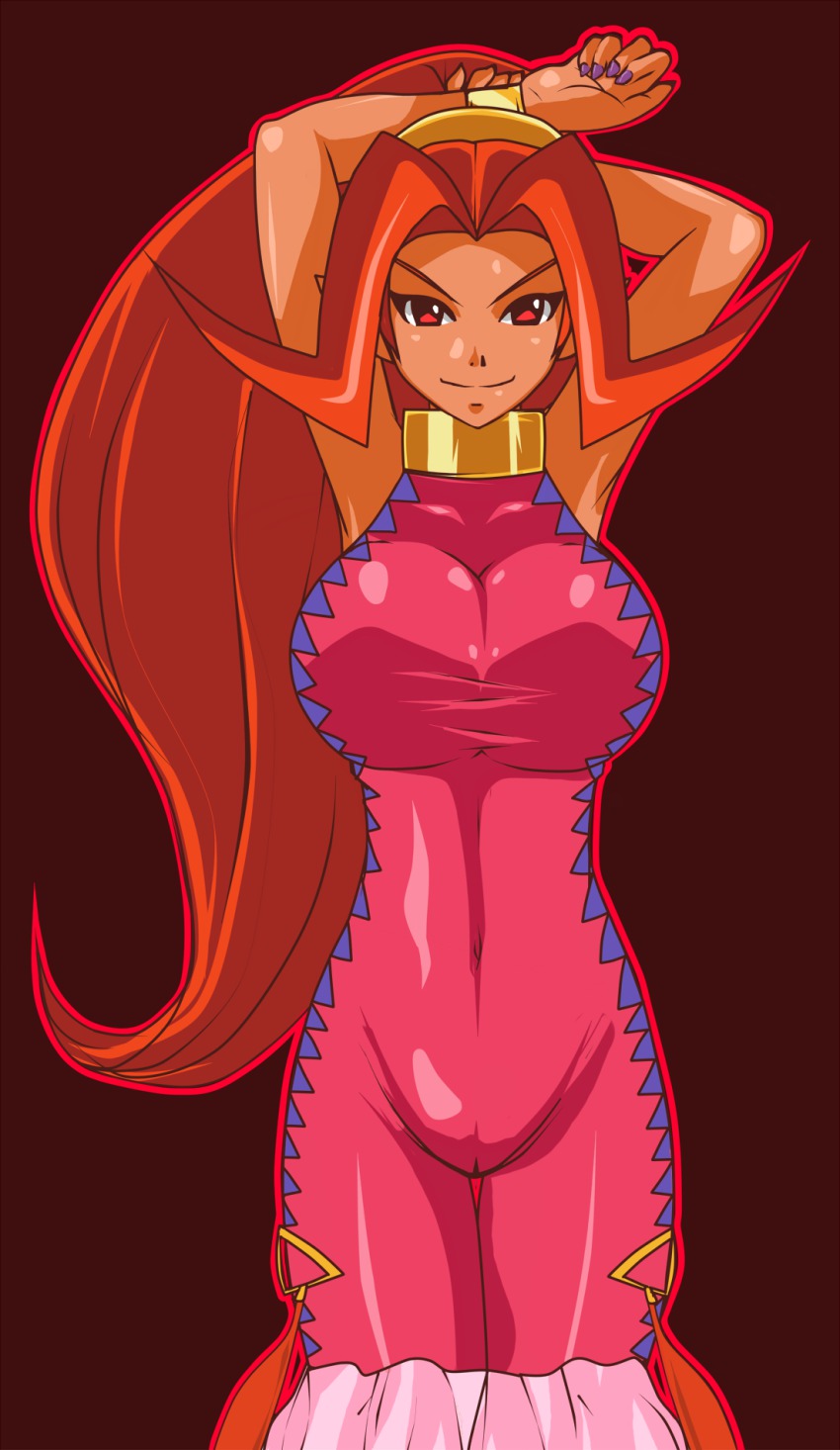 armpits arms_behind_head big_hair bodysuit bracelet breasts brown_background cellshadfan covered_navel dark-skinned_female dark_skin din evil_smile highres jewelry large_breasts long_hair nail_polish neck_ring nintendo orange_hair pointy_hair ponytail red_eyes simple_background skin_tight smile solo the_legend_of_zelda the_legend_of_zelda:_oracle_of_seasons thigh_gap