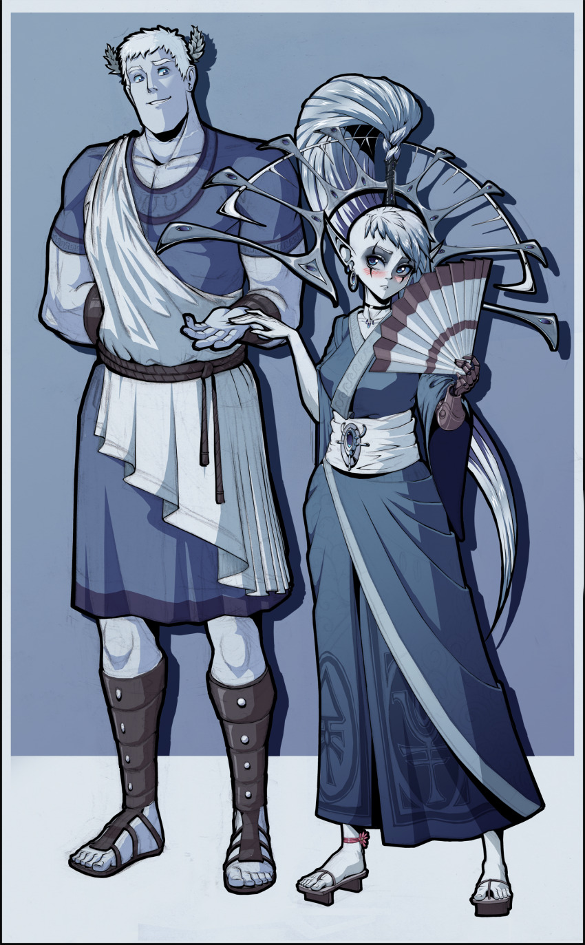 1boy 1girl absurdres blue_dress blush dress earrings eldar elf full_body geta gladiator_sandals hand_fan hetero highres holding holding_fan jewelry lewdanon long_hair looking_at_viewer obi pointy_ears primarch roboute_guilliman sandals sash short_hair short_sleeves standing toes toga very_long_hair warhammer_40k yvraine