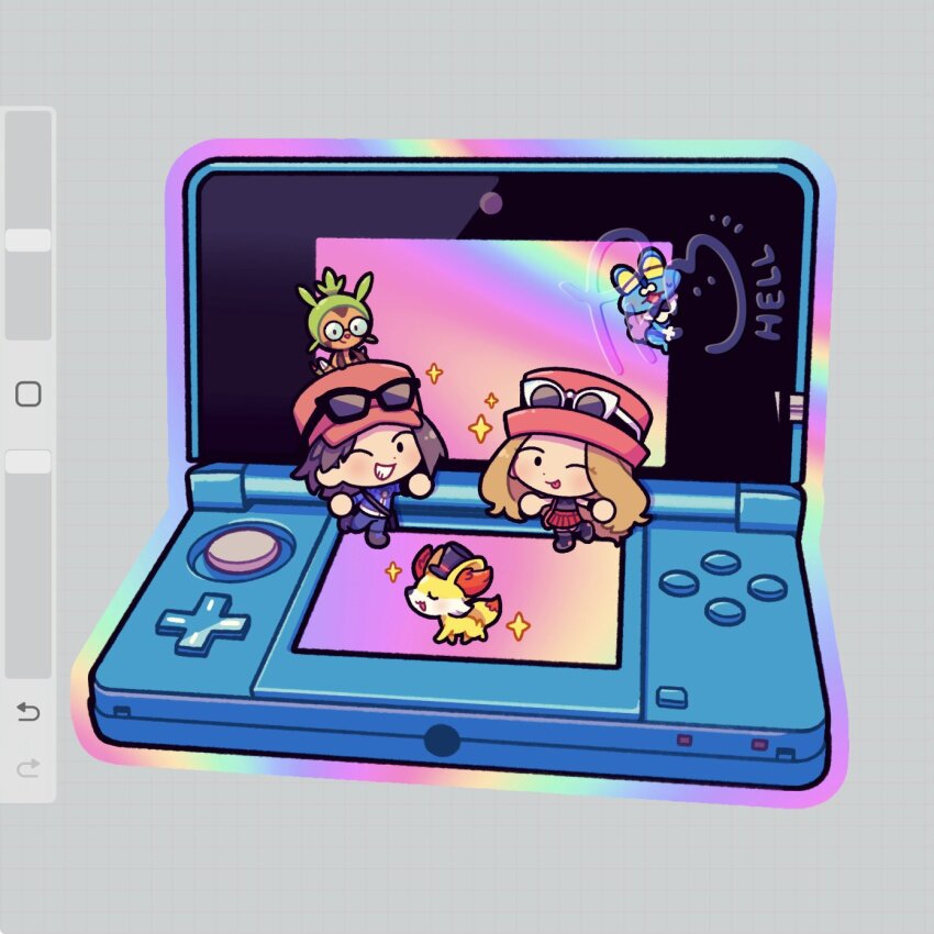 1boy 1girl :p art_program_in_frame black-framed_eyewear black_hat blonde_hair calem_(pokemon) chespin chibi chibi_only commentary english_commentary eyewear_on_headwear fennekin froakie frog gen_6_pokemon grey_background handheld_game_console hat highres long_hair nintendo nintendo_3ds one_eye_closed pokemon pokemon_(creature) pokemon_xy red_hat serena_(pokemon) sparkle starter_pokemon_trio submashell sunglasses tongue tongue_out top_hat white-framed_eyewear